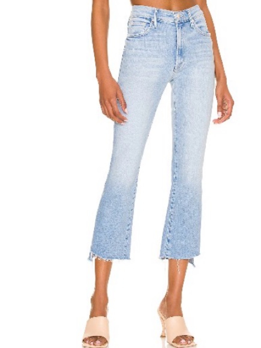 MOTHER The insider crop step fray Light Blue Flare Jeans with Raw Frayed Hem